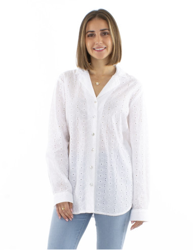 Chemisier coton uni dentelle manches longues col chemise