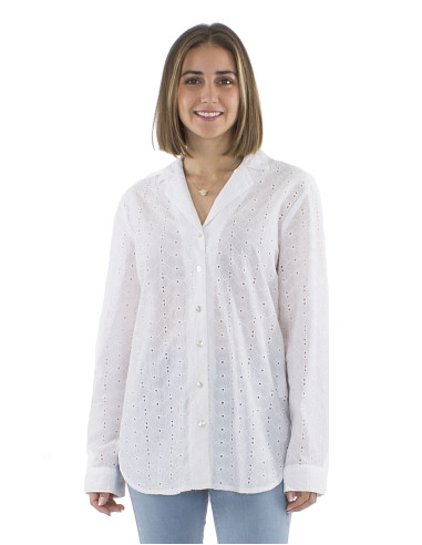 Cotton plain blouse with lace and long sleeves
