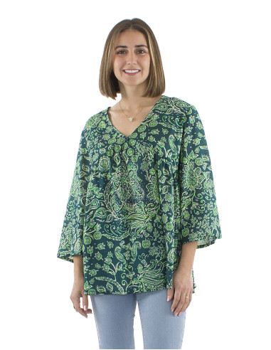 Cotton voile wrinkled blouse with 3/4 sleeves and Herma print
