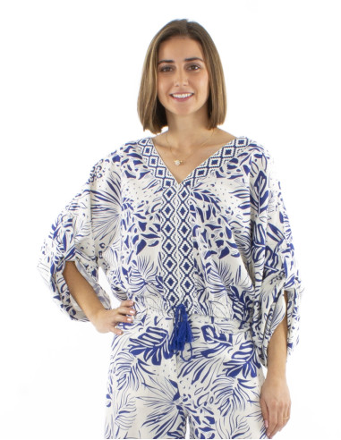 70% viscose 30% linen trim top with eslastic size and Nature print