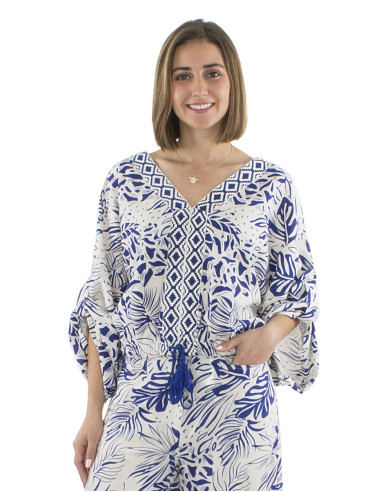 70% viscose 30% linen trim top with eslastic size and Nature print