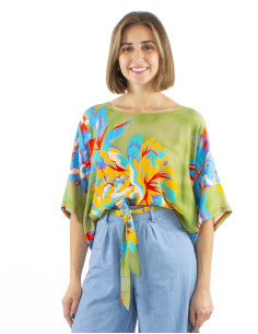 Top viscose large manches courtes imprime Camélia