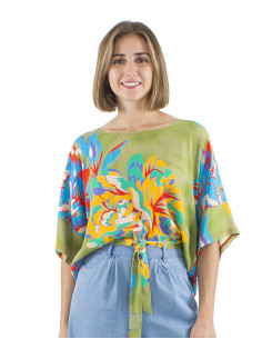 Top viscose large manches courtes imprime Camélia 2