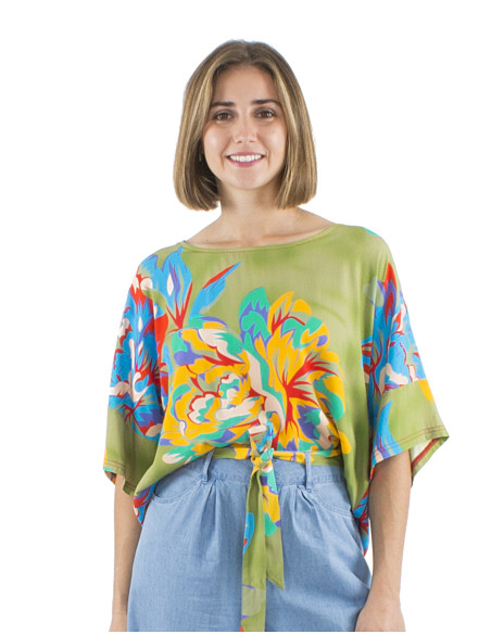 Top viscose large manches courtes imprime Camélia