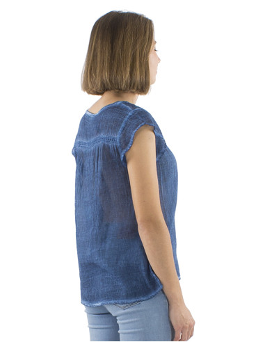 Chemisier coton uni surteint petites manches dentelle