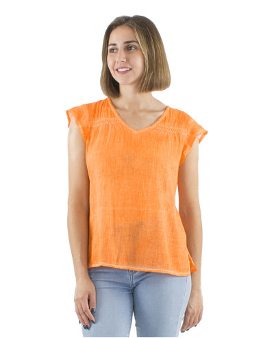 Cotton plain overdyed blouse with lace small sleeves