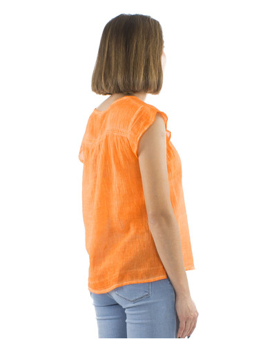 Chemisier coton uni surteint petites manches dentelle