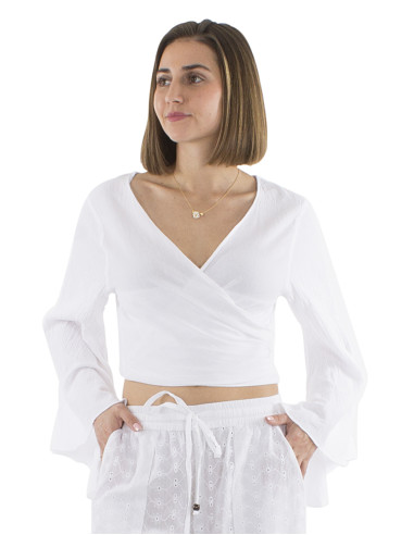 Cotton white crop top double-breasted blouse