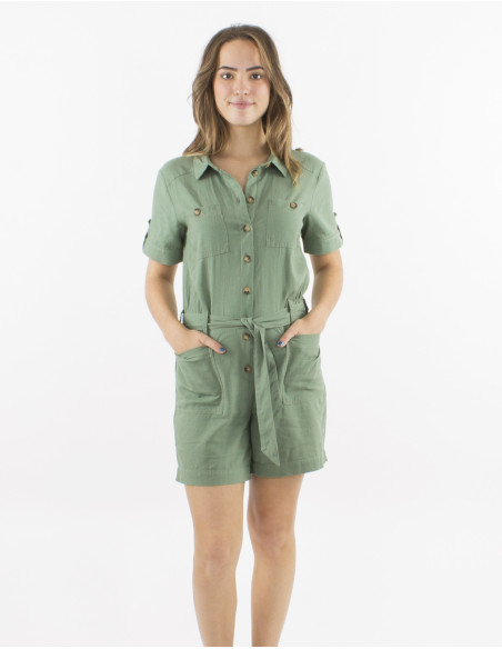 54% lin 46% viscose short jumpsuit with front pockets