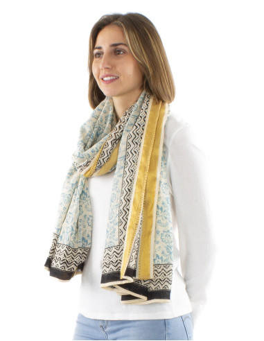 Paréo foulard coton fleurs tampons