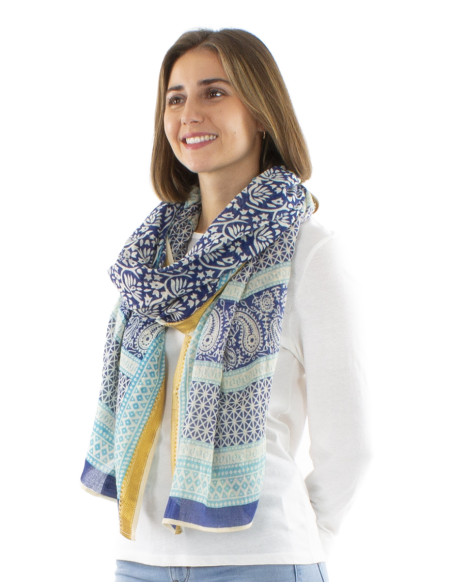 Paréo foulard coton fleurs tampons