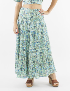 Long polyester ruffled "sari" skirt and "surat" print