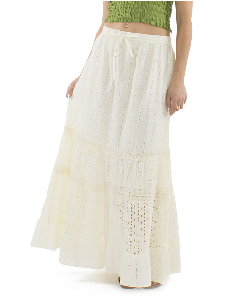 Jupe coton brodée longue unie doublée