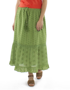 Jupe coton brodée midi unie doublée 2