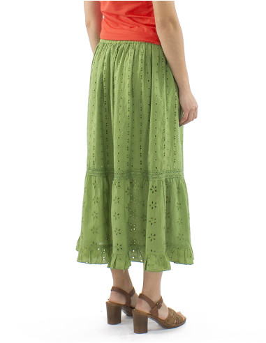 Jupe coton brodée midi unie doublée