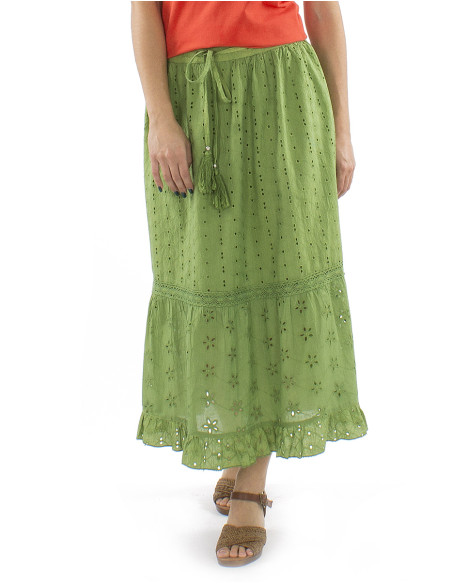 Jupe coton brodée midi unie doublée