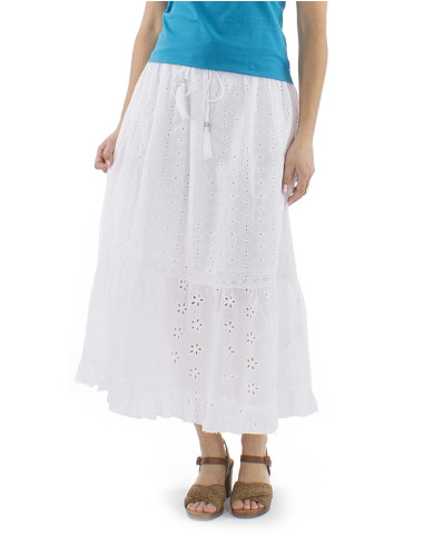Jupe coton brodée midi unie doublée