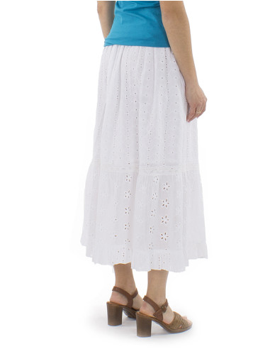 Jupe coton brodée midi unie doublée