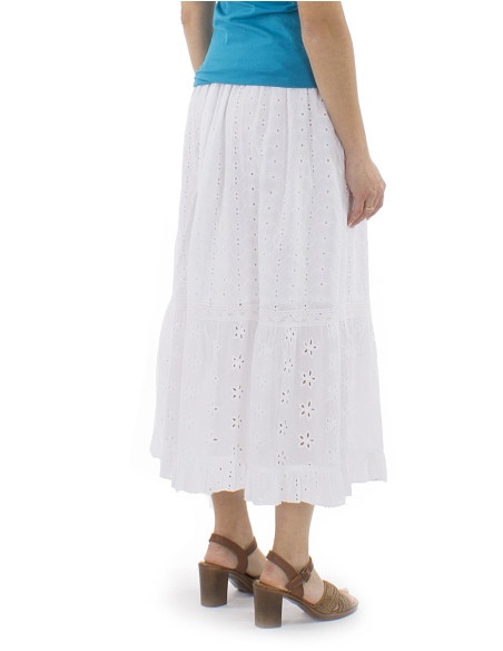 Jupe coton brodée midi unie doublée