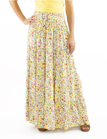Viscose large belt skirt with ruffles and Pretty print