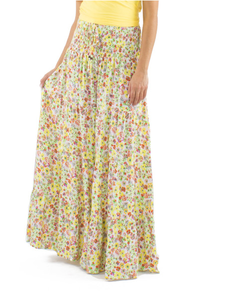 Viscose large belt skirt with ruffles and Pretty print