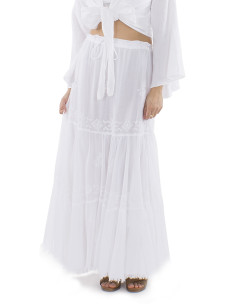 Cotton voile white fringed skirt with lining and embroideries 2