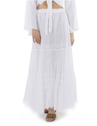 Jupe voile coton blanc doublée brodée main franges