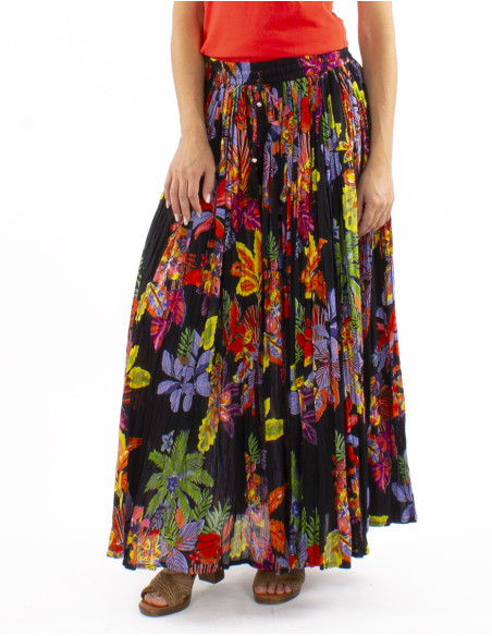 Cotton voile wrinkled skirt with Hawaiian print