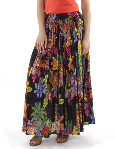 Cotton voile wrinkled skirt with Hawaiian print