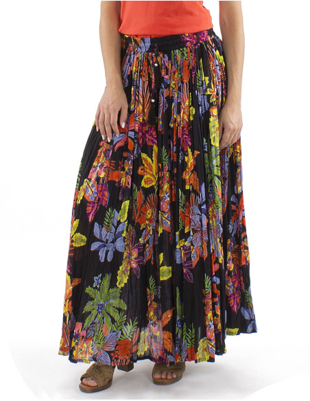 Cotton voile wrinkled skirt with Hawaiian print