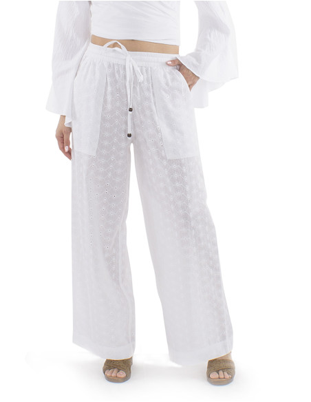 Cotton plain pants with embroideries and elastic belt