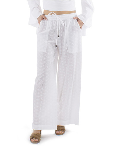 Cotton plain pants with embroideries and elastic belt