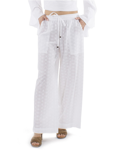 Cotton plain pants with embroideries and elastic belt