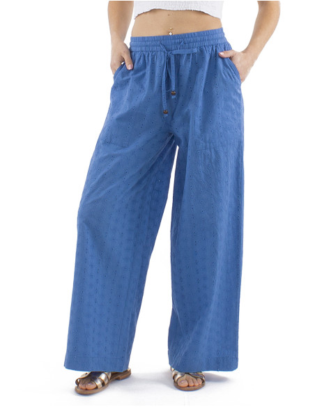 Cotton plain pants with embroideries and elastic belt
