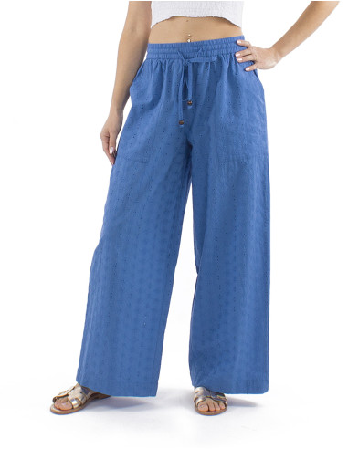 Cotton plain pants with embroideries and elastic belt