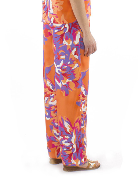 Viscose pants with large elastic belt and Camelia print