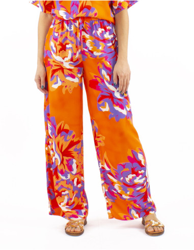 Pantalon viscose large ceinture élastiquée imprimé Camélia
