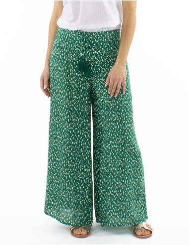 Pantalon viscose large ceinture 1/2 élastique imprimé Féline