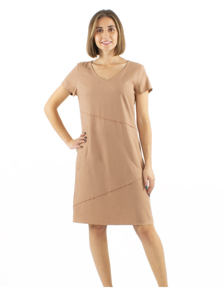 54% linen 46% viscose dress with v-neck and short sleeves