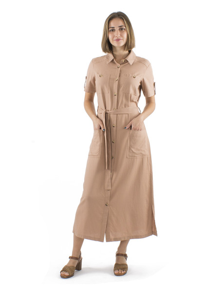 54% linen 46% viscose buttoned dress with short sleeves