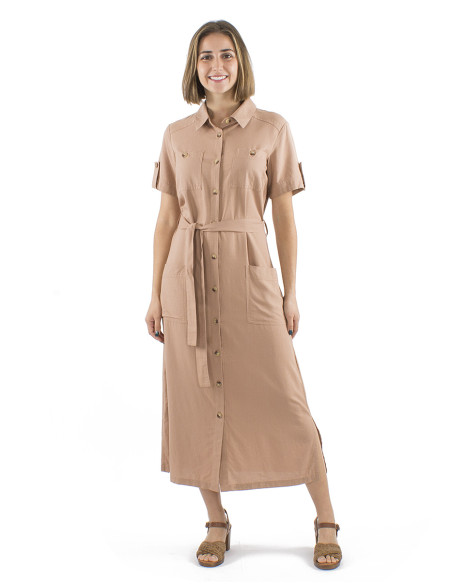 54% linen 46% viscose buttoned dress with short sleeves