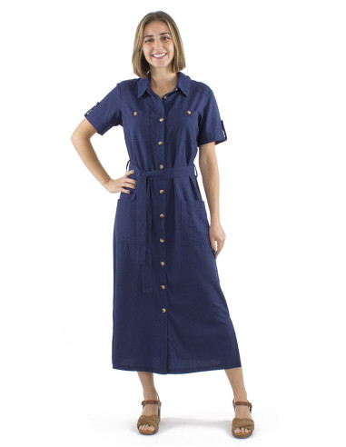 54% linen 46% viscose buttoned dress with short sleeves