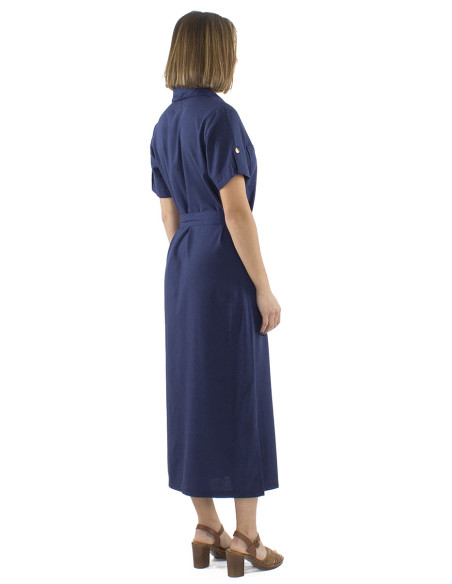 54% linen 46% viscose buttoned dress with short sleeves
