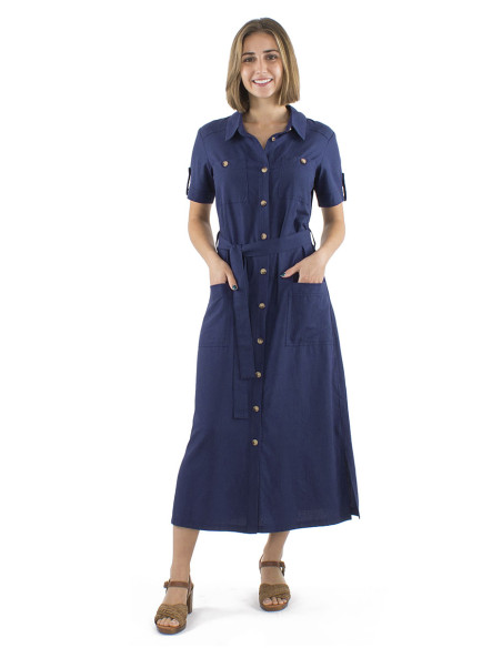 54% linen 46% viscose buttoned dress with short sleeves