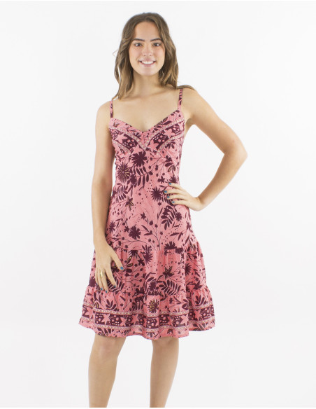 Short polyester dress with straps and "aster dore" print