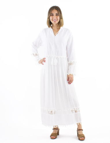 Long viscose dress with Long sleeves and pompoms
