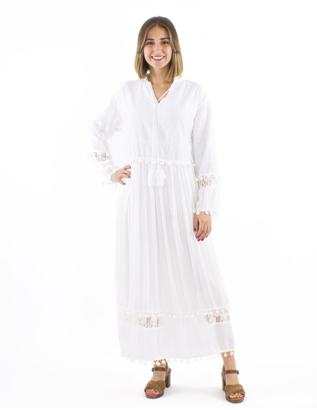 Long viscose dress with Long sleeves and pompoms