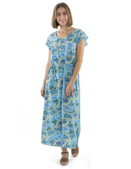 Long viscose dress with short sleeves and "istanbul" print