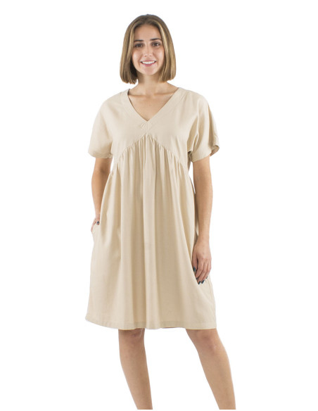Robe 54% lin 46% viscose col V manches courtes