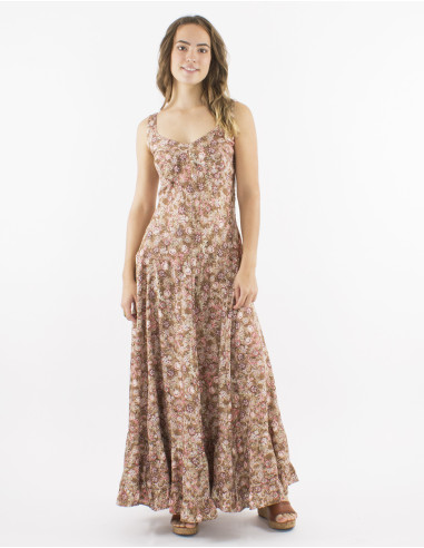 Long polyester "sari" dress with large straps and "surat" print